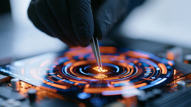 Close up of a hand wearing a black glove using tweezers to extract a glowing corrupted data fragment from a digital interface, cropped composition with face out of frame, bright cl