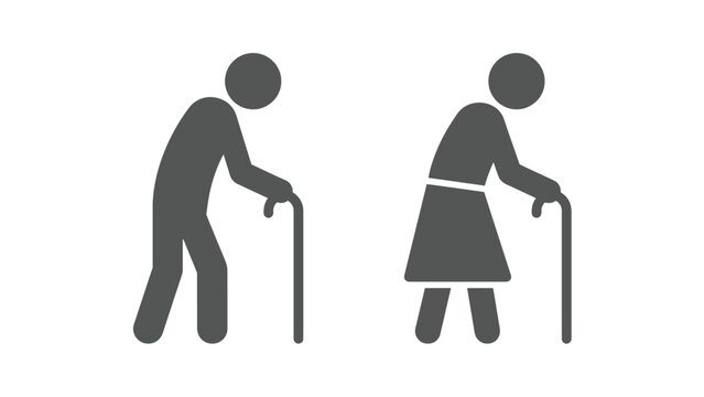 Elderly couple walking with canes minimalist vector illustration showing two senior people in simple grey style