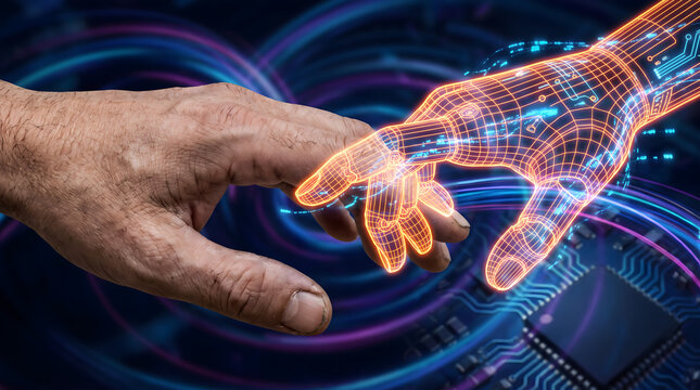Transhumanism concept of a human hand transitioning into a glowing wireframe robotic hand