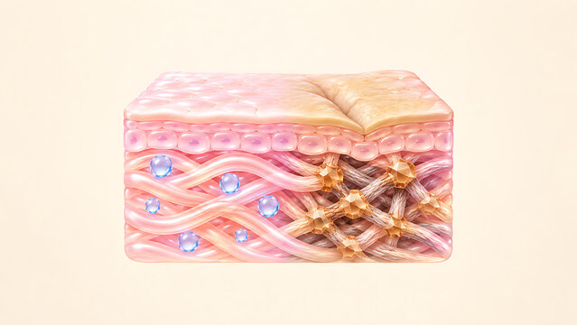 Human skin cross section with interwoven collagen and elastin fibers beneath the surface, representing dermal structure, skin elasticity, aging and cosmetic science.