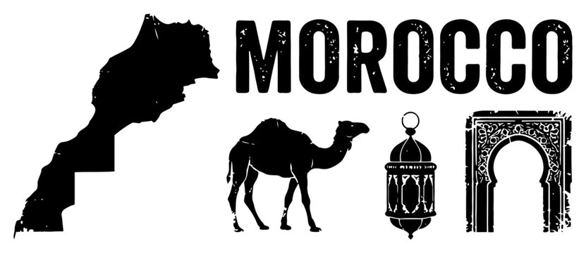Morocco country map with desert camel ornate Arabic lantern and traditional moorish arch in vintage silhouette style