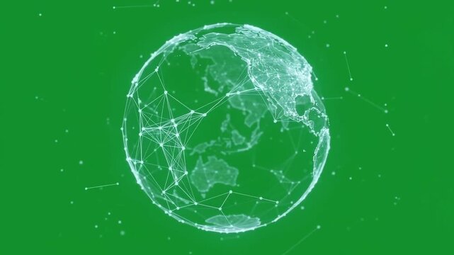 Globe wireframe made of glowing nodes and connection lines spinning on a solid green background to represent international commerce.