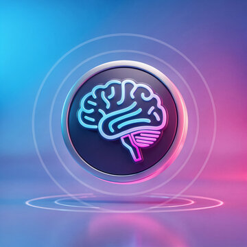 3D Glowing Neon Brain Icon in Cyberpunk Style with Blue and Magenta Lighting