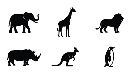Fototapeta premium African Safari Animals Silhouette Icons: Elephant, Lion, Giraffe, Rhino, Kangaroo, Penguin Vector Set