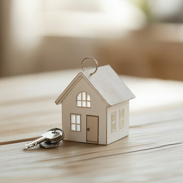 Model house with keys on wooden table representing home ownership