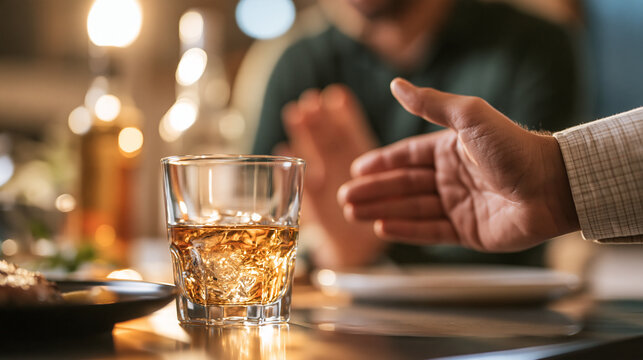 Two friends at a house party, one offering a second drink and the other politely covering their glass with a hand, alcohol awareness, personal boundaries, friendship, with copy spa