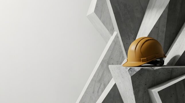 Yellow construction helmet resting on a dark gray surface with abstract background