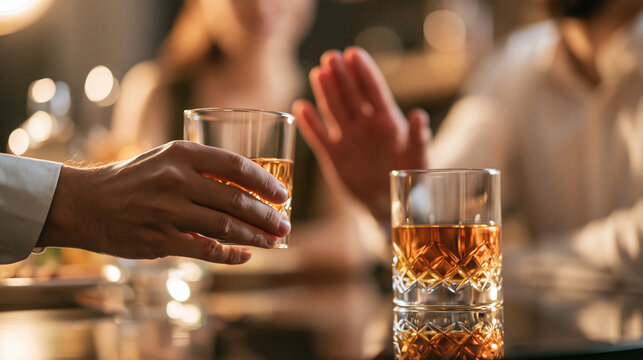 Two friends at a house party, one offering a second drink and the other politely covering their glass with a hand, alcohol awareness, personal boundaries, friendship, with copy spa
