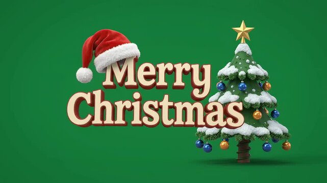 Merry Christmas 3D animation text with a festive decorated pine tree and Santa hat for holiday greeting card intros, commercial advertising videos, and winter season social media posts.