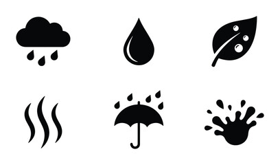 Fototapeta premium Weather Icons Set: Rain, Water Drop, Leaf, Steam, Umbrella, Splash - Vector Graphics for Climate and Nature