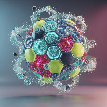 Abstract 3D rendering of a glowing futuristic sphere with colorful hexagonal patterns and cosmic particles in cinematic lighting