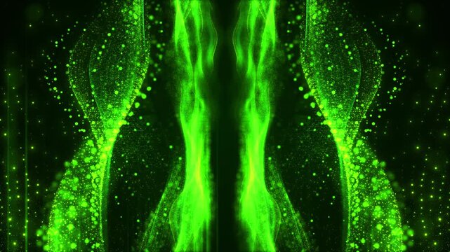 Neon green particles form mirrored waves background, creating vibrant energy rhythmic depth. music visualizers, technology intros, gaming screens, laser shows, science themes, concert stages abstract
