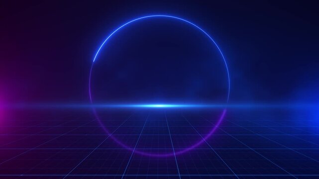 A neon circular portal grid floor, framing open central space. product displays, logo reveals, virtual events, gaming intros, 19 presentations, science fiction scenes futuristic stages.