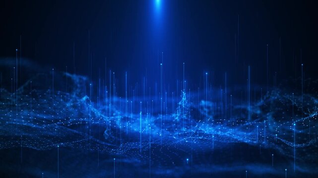 Glowing particles rolling digital landscape data lines rise focused light. artificial intelligence, analytics, cloud computing, network systems, science presentations, financial 19 innovation.