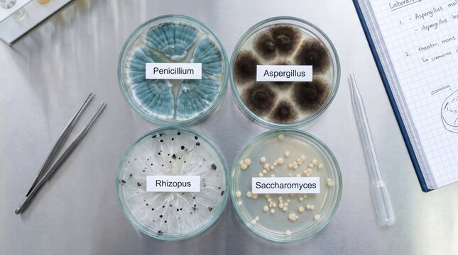 Four petri dishes show distinct fungal and yeast growth labeled Penicillium, Aspergillus, Rhizopus, and Saccharomyces, placed on a lab table with scientific tools and notes.