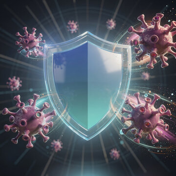 Futuristic Digital Shield Blocking Pathogens and Viruses Illustration Representing Immune Health and Medical Protection.