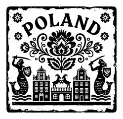 Poland cultural symbols banner featuring folk flower mermaid and old town architecture in vintage grunge style © Cristiano