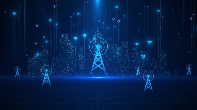 Network glowing WiFi connect digital city skyline 19 scene. smart city projects, mobile communication, internet services, urban infrastructure, broadband networks innovation presentations.