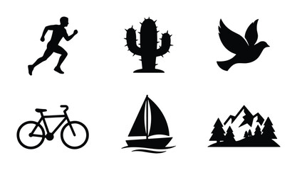 Fototapeta premium Silhouette Icons: Runner, Cactus, Dove, Bicycle, Sailboat, Mountains, Nature, Sport, Travel, Vector Graphics
