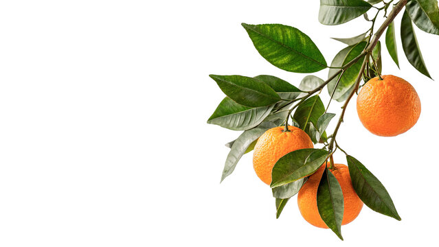 Fresh green branch with ripe orange mandarins isolated on transparent background.