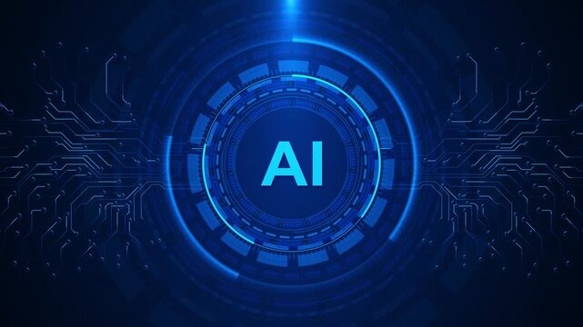 Glowing AI text circular blue HUD as electronic circuit line black technology. artificial intelligence, machine learning, automation, data analysis, software launches, innovation digital presentations