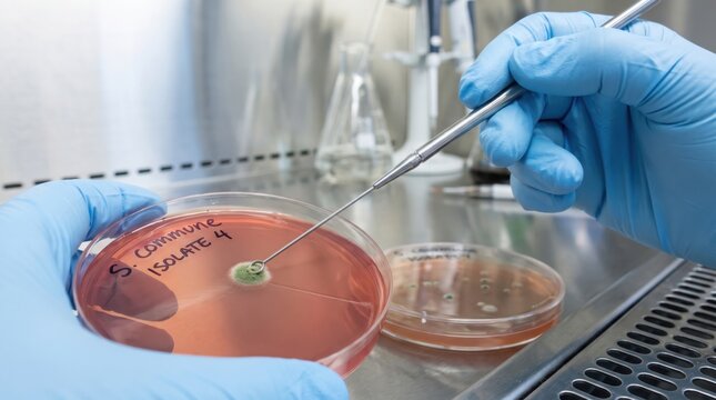 A scientist in blue gloves uses a metal tool to examine bacterial growth on an agar plate labeled "S. commune Isolate 4" in a laboratory setting.
