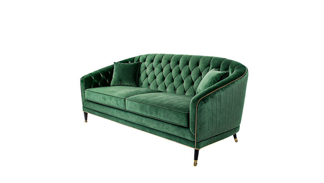 Comfortable classic chesterfield tufted green velvet sofa isolated on transparent background.