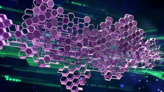 Nanotechnology structure flowing with digital data streams in abstract futuristic cyberspace lighting