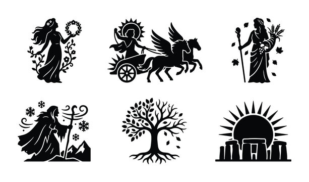 Mythological Goddesses, Sun Chariot, Seasons Tree, Stonehenge Icons: Ancient Symbolism Vector Set