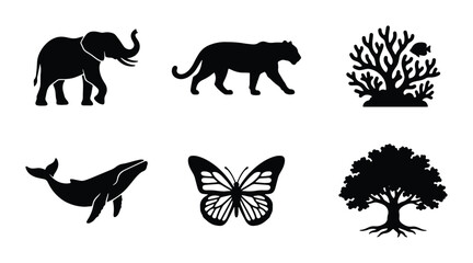 Obraz premium Set of 6 Silhouette Icons: Elephant, Tiger, Coral Reef, Whale, Butterfly, Tree - Nature and Wildlife Vector Graphics