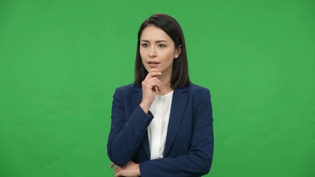 Thoughtful businesswoman touching her chin while considering a complex corporate decision against a green background.