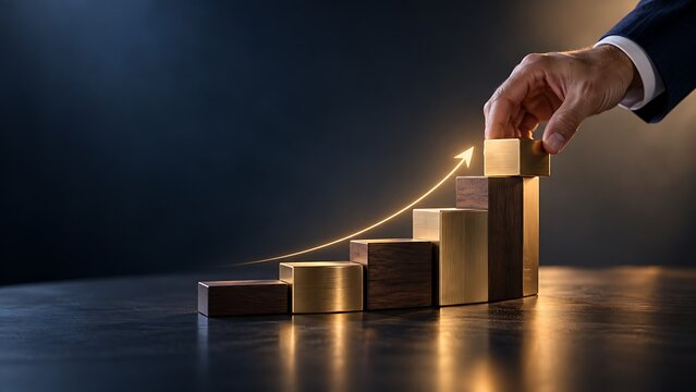 Hand in suit placing final block on rising staircase graph with glowing arrow symbolizing business growth and success