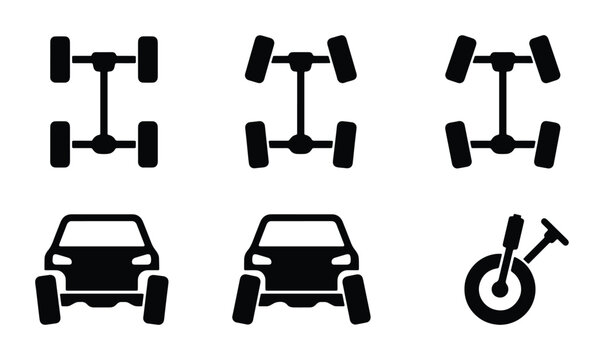 Automotive Wheel Alignment Icons: Front & Rear Suspension, Steering Angles, Car Chassis Diagrams, Vector Graphics