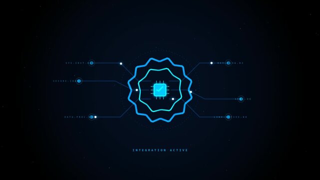 Digital blue glowing computer chip icon with neon circular frame and network data lines connectivity on a dark background representing modern technology and system integration 4k Motion Video