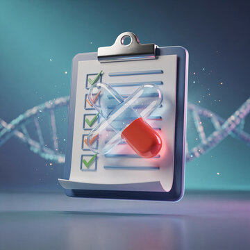 3D medical clipboard with pill and DNA helix background, pharmaceutical research checklist concept.