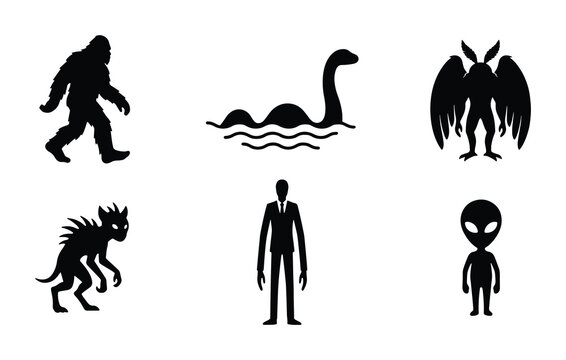 Cryptid Icons Set: Bigfoot, Nessie, Mothman, Chupacabra, Slender Man, Alien Silhouettes