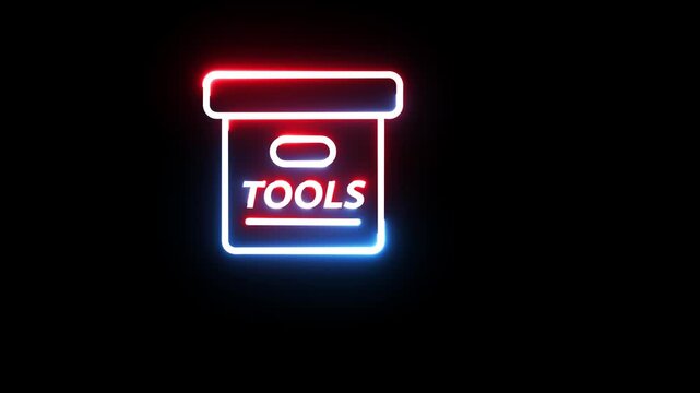 Neon tool box icon glowing with blue and red light effects against dark background animation
