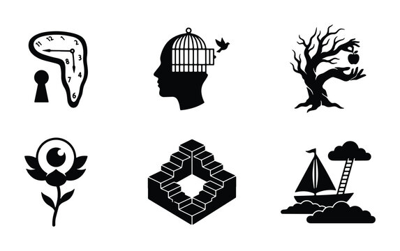 Surreal Concepts Vector Icons: Melting Clock, Birdcage Mind, Impossible Stairs, Eye Flower, Apple Tree, Sailing Boat