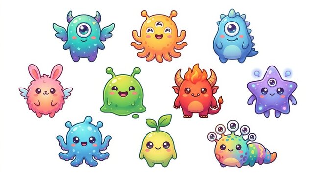Colorful cute cartoon fantasy creatures collection