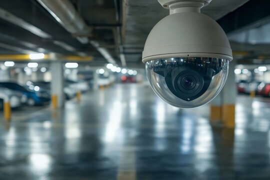 A close-up view of a dome security camera mounted on the ceiling of a well-lit indoor parking garage, with parked cars visible in the background
