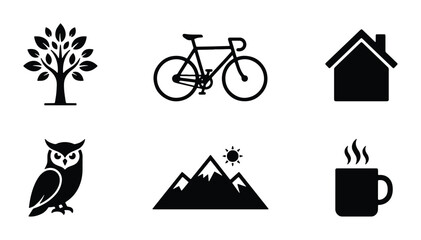 Fototapeta premium Vector Icons: Tree, Bicycle, House, Owl, Mountains, Coffee Cup, Simple, Modern, Black and White Graphics