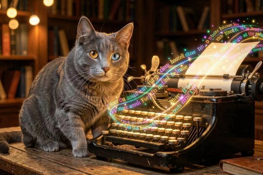 A clever cat sitting next to a magical typewriter
