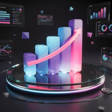 3D financial growth chart with rising arrow and business data visualization on dark background for corporate success concepts