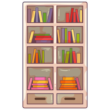 Colorful wooden bookshelf full of diverse books for library or home office organization