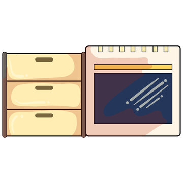 Modern stove and kitchen cabinet drawers illustration for domestic interior design