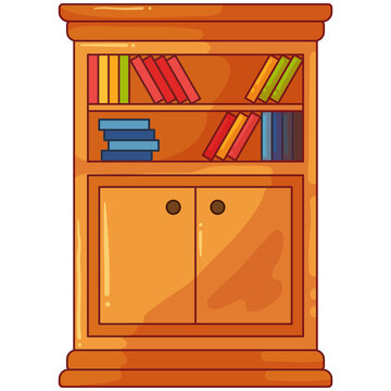 Classic wooden bookcase featuring shelves filled with vibrant books and lower storage doors