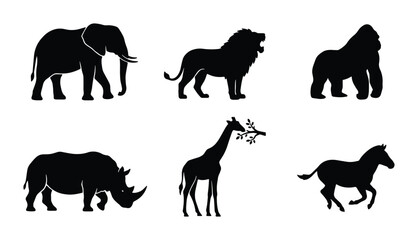Fototapeta premium African Wildlife Silhouettes: Elephant, Lion, Gorilla, Rhino, Giraffe, Zebra Vector Set