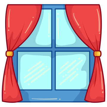 Cozy blue window illustration featuring classic red curtains and decorative ties.
