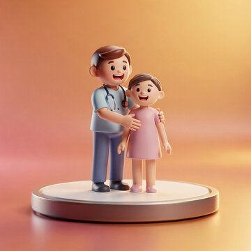 3D cartoon illustration of a friendly male pediatrician with a stethoscope caring for a smiling young girl patient on a platform