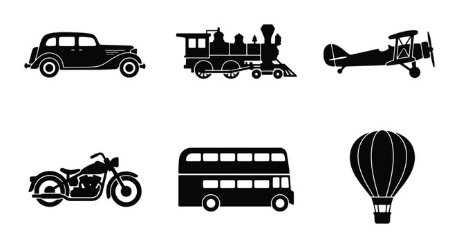 Retro Transportation Icons: Vintage Car, Train, Biplane, Motorcycle, Bus, Hot Air Balloon Vector Set